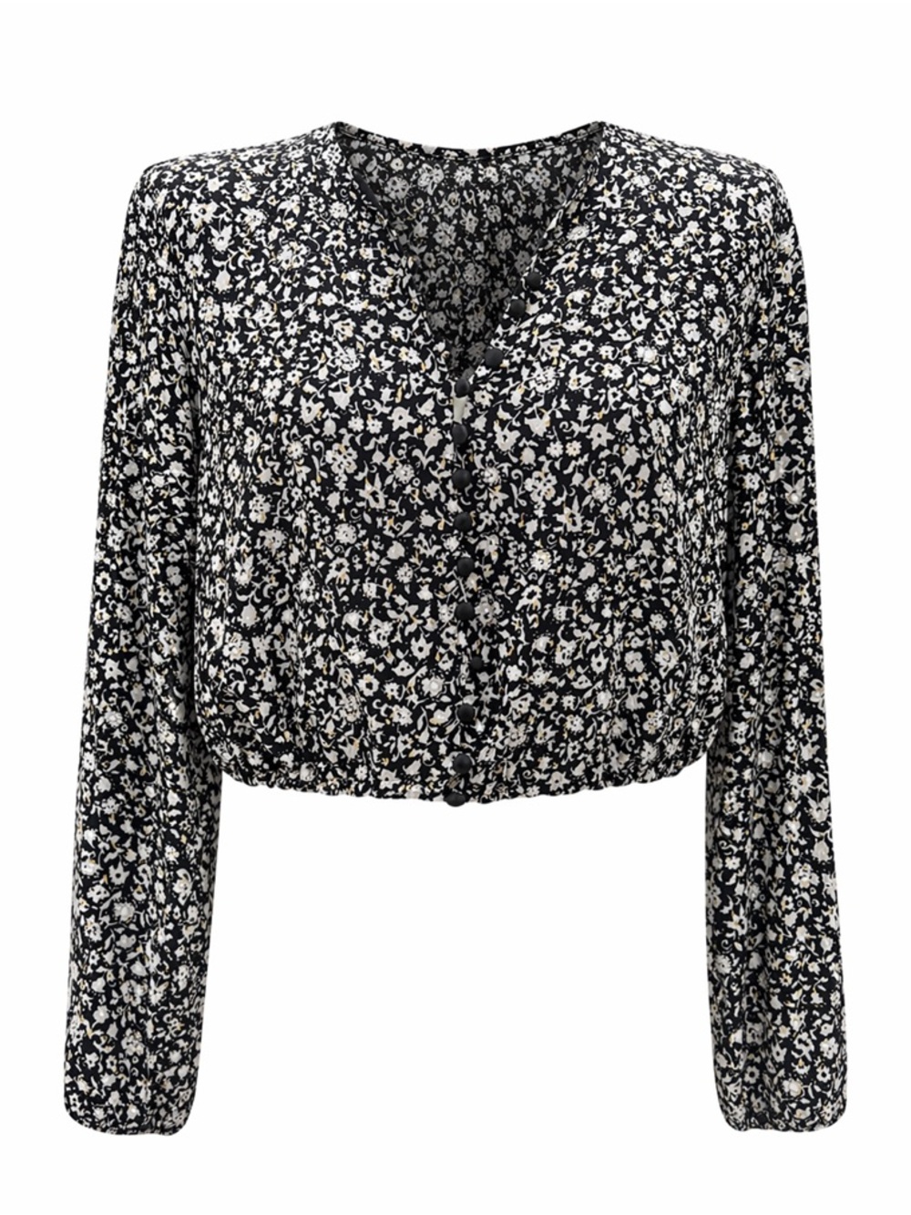 Zara Floral Black White Gold Button Front Crop Top Blouse Long Sleeve Size XL